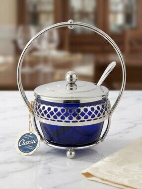 Vintage Meynell Cobalt Blue Glass Jam/Sugar Pot with Original Tag